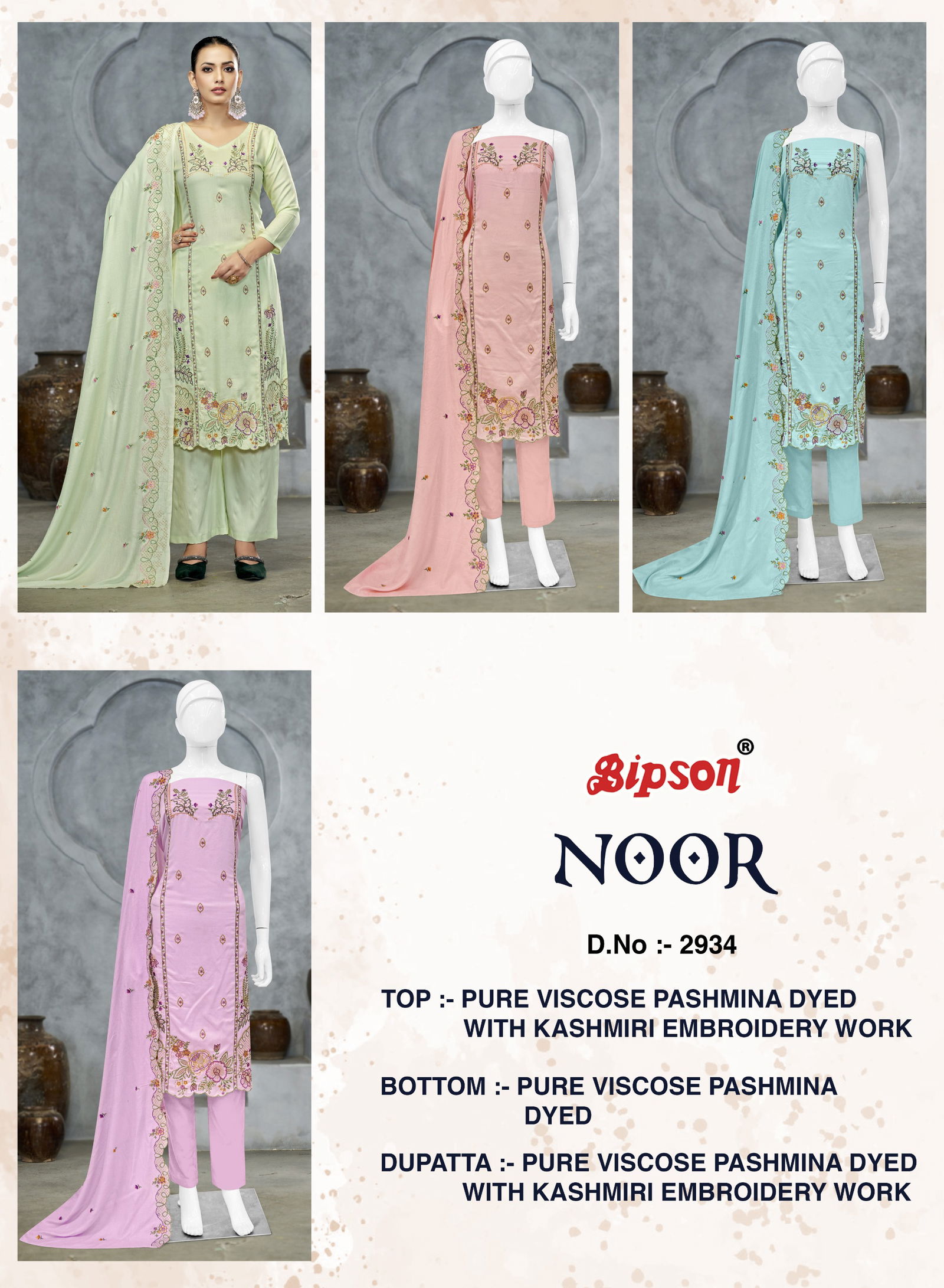 Noor 2934 By Bipson Viscose Pashmina Dress Material Wholesale Price In Surat